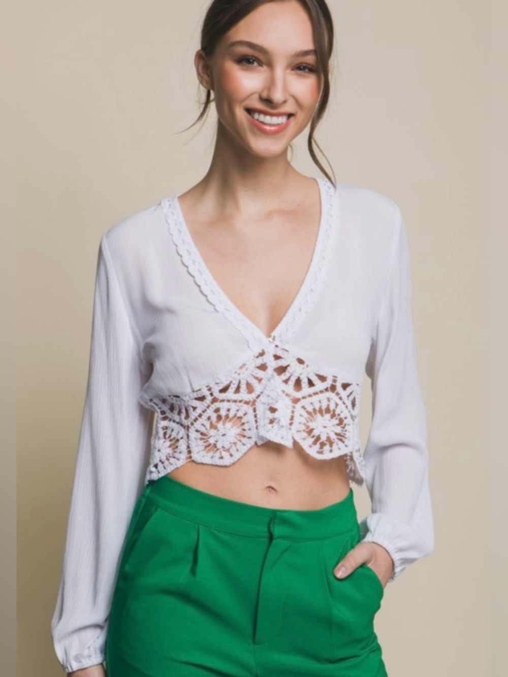 White Crochet Trim V-Neck Cropped Blouse